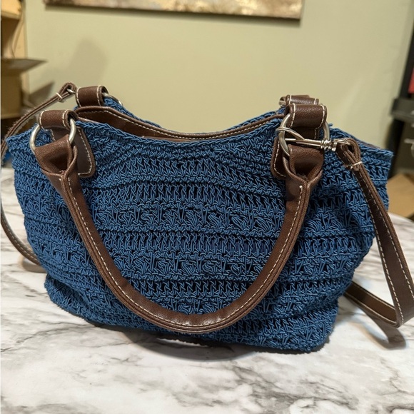 Blue and Brown Textured Shoulder Bag with Leather Accents - Picture 2 of 11